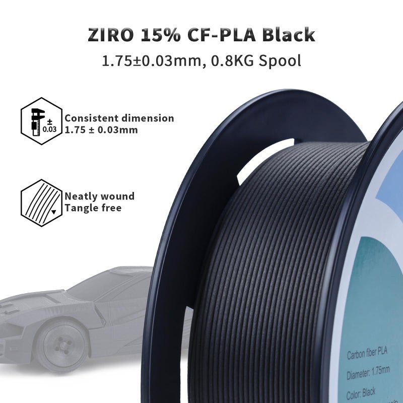 ZIRO Carbon Fiber PLA Filament 1.75mm, CF PLA 3D Printer Filament, Reinforced Material 0.8KG Spool, 15% Carbon Fiber Contained, Fits for Almost All FDM 3D Printers, 1.76lbs, Black - Image 3